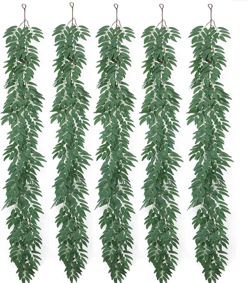 mizii 5 Packs 390" Artificial Vines Willows Garland Fake Vine Italian Ruscus Silk Green Leaves Faux Plants Greenery Decoration for Bedroom Room Wall Party Table Centerpieces Wedding Arch Decor
