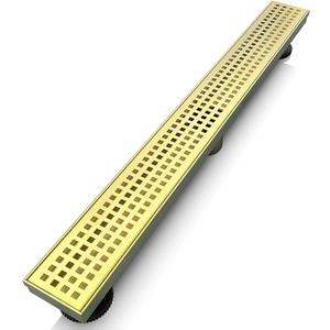 24 Inch Linear Shower Drain Rectangular Floor Drain with Accessories Square Hole Pattern Cover Grate Removable SUS304 Stainless Steel CUPC Certified Brushed Gold