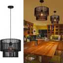Woven Rattan Pendant Lamp, 16 Inch Large Natural Simple Hand Weaved Coastal Beach Black Rope Hanging Pendant Light Fixture for Dining Room Living Room Bedroom Kitchen Foyer, 6528L