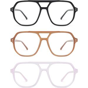 AMOMOMA Trendy Retro Aviator Reading Glasses for Women Men,Classic Large Oversized Reader Blue Light Computer Frame AM6145 (P2 Black+brown+light Purple)