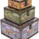 Jolitac Wood Storage Box Set of 3, Vintage Decorative Nesting Boxes Wooden Treasure Storage Crates With Latch, Home Decor Rustic Antique Boxes With Lid for Photos, Jewelry, Cash (Chair)