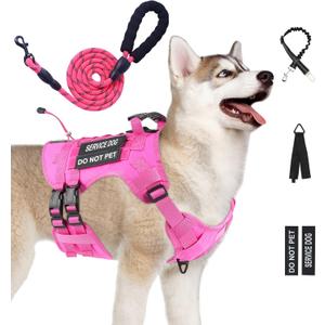 No Pull Tactical Dog Harness for Large Dogs, Escape Proof Molle Dog Vest Harness and Leash Set, Adjustable Military Service Dog Harness with Handle for Dogs (Pink, M)