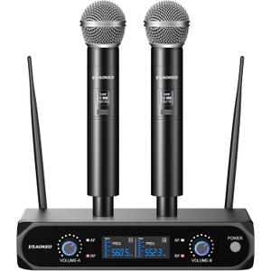 Aokeo Wireless Microphone System, Metal Wireless Mic Set with Case,Handheld Cordless Dynamic Microphones for Singing, Karaoke, Church, DJ,100ft Range (Black)