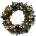 23 Inch Christmas Wreath Green Artificial Christmas Wreath with Clear LED Lights Decorated with Pine Cones, Berry Clusters and Frosted Twigs for Outdoor, Indoor Walls, Table Tops, Home Decor