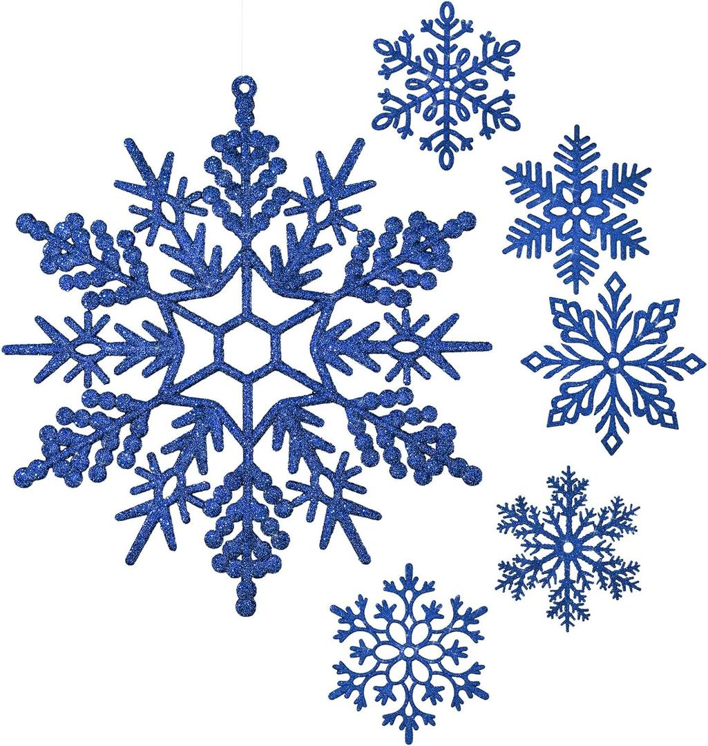 Sratte Large Glitter Snowflakes Ornaments 12" Plastic Giant Winter Christmas Hanging Decor Oversized Snowflakes Ornaments for Indoor Outdoor(Dark Blue,24 Pack)
