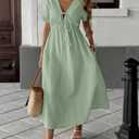 Chouyatou Women's Summer Boho V-Neck Cotton Tunic Dress Casual Loose Short Sleeve Midi Long Beach Dress (Green, XL)