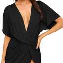 Floerns Women's Deep V Neck Twisted Plunging High Slit Mini Party Dress (Large, A Black Pure)