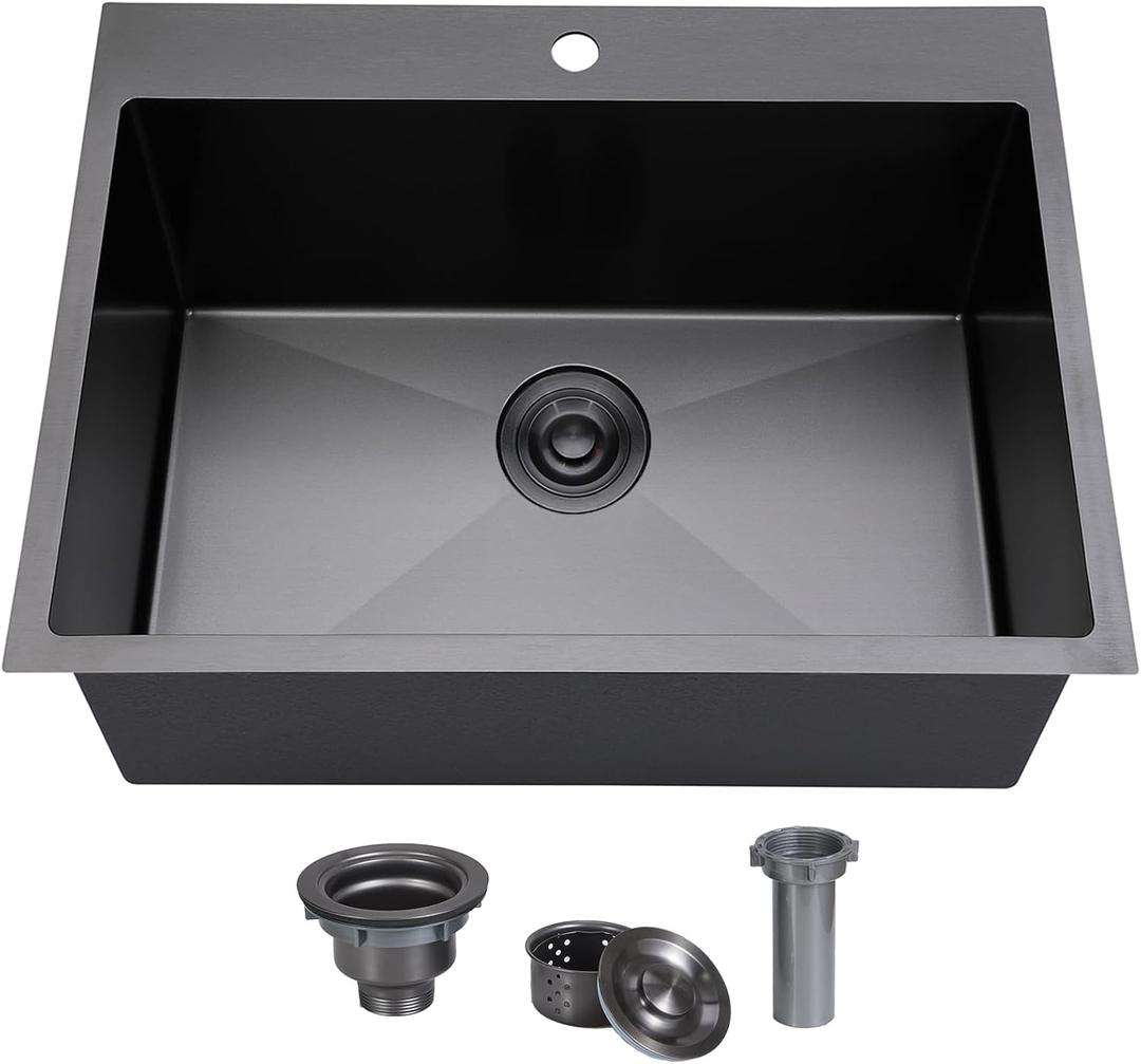 SHACO 25x18 Inch Black Drop In Kitchen Sink, 25 Inch Gunmetal Black Bar RV Laundry Utility Outdoor Stainless Steel 16 Gauge Single Bowl Deep Small Kitchen Sink