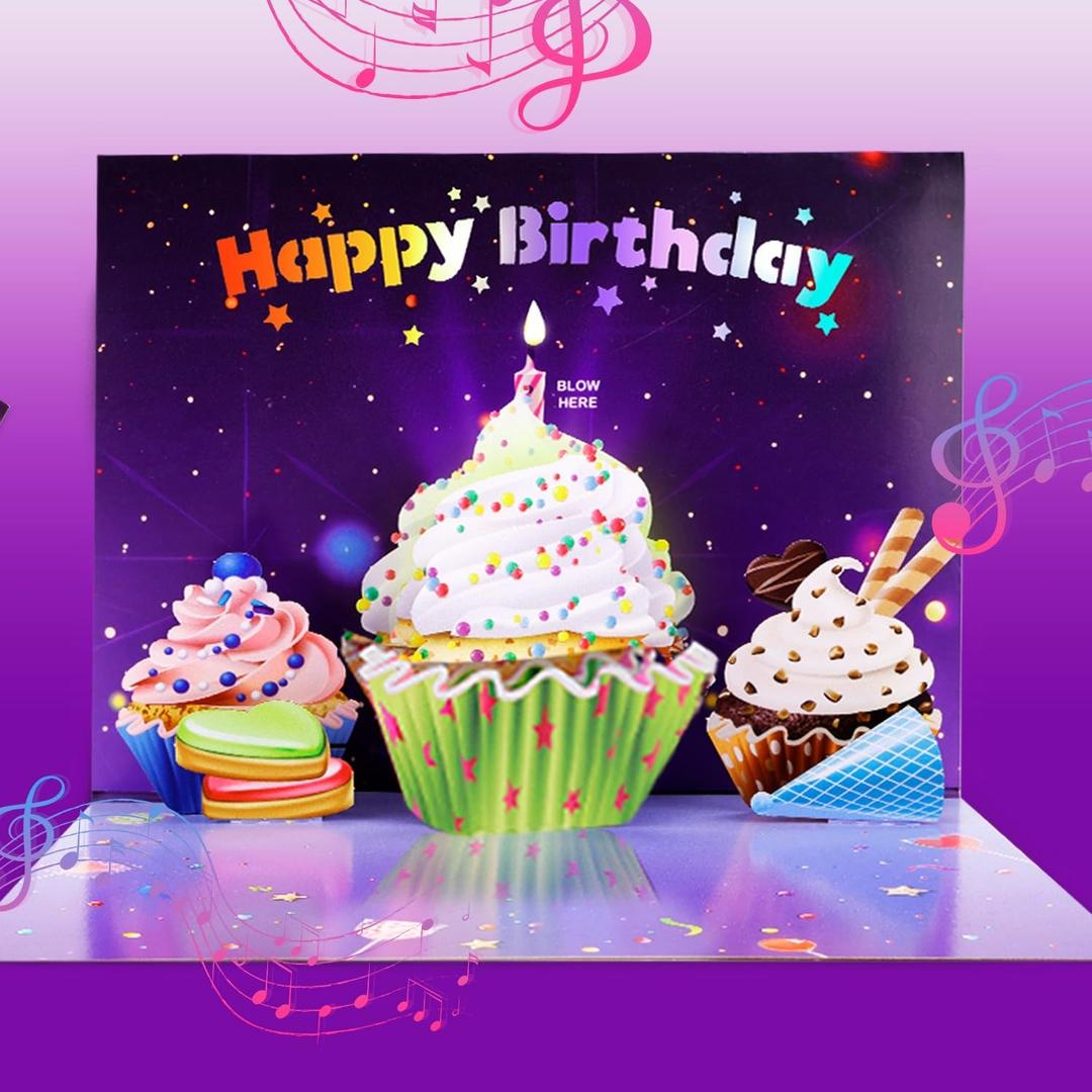 2 x 3D Popup Happy Birthday Card | Musical Lights Up Greeting Cards | Blow Out the Candle| Candle Cake Pop Up Card | Plays Happy Birthday Song | Perfect for Women, Men, Kids & Loved Ones