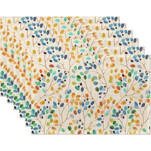 Leaves Placemats,Colourful Graffiti Table Mats Set of 6,12x18 Inch,Waterproof Oil-Proof Washable and Reusable Linen placemats Holiday Party Kitchen Table Decorations