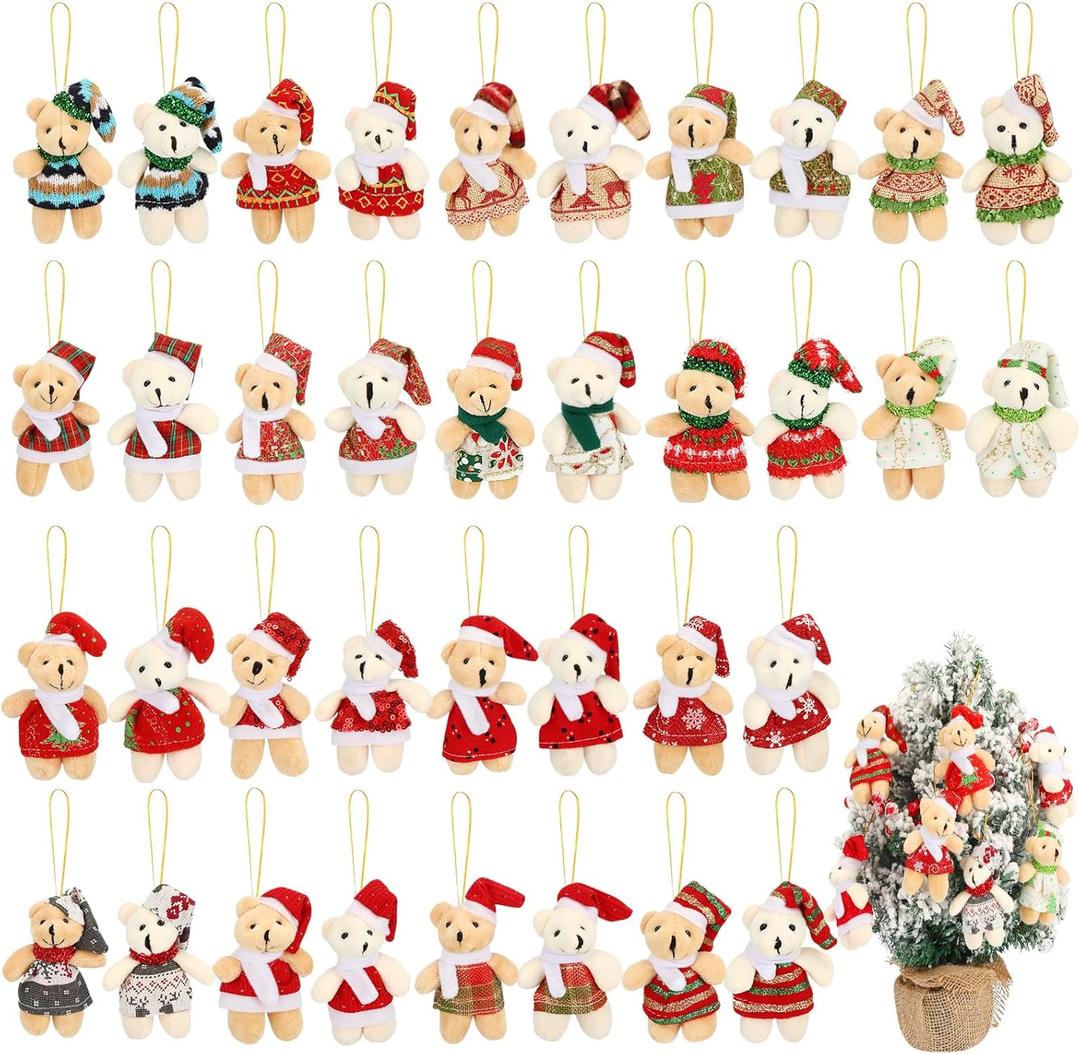 36 Sets 3 Inches Christmas Stuffed Animal Bulk Mini Plush Bear Small Bear Doll Key Chain with Tag Rope Organza Bag for Xmas Tree Decorations Stocking Stuffing Gifts(White, Light Brown)