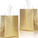 16 Pcs Metallic Bling Small Gift Bags Bulk with Cardboard Bases, Glossy Gold Reusable Party Bags for Birthday, Wedding, Christmas, Parties- 10.2x3.9x8.3 In