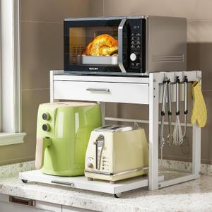 Microwave Stand with Pull-Out Drawer, 4 Hooks, Adjustable Shelf | 3-Level Height Adjustment, Carbon Steel Build, Fits Microwaves, Coffee Makers & Toasters With Ease In Smaller Kitchens, White