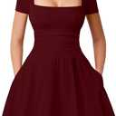 YMDUCH Women's Casual Square Neck Ruffle Hem Mini Dress Short Sleeve Short Party Dresses with Pockets (Red) M