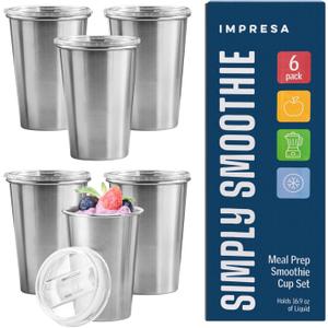 IMPRESA Smoothie Cups for Freezer - 16.9 Oz Stainless Steel Glossy Silver 6-Pack - Reusable Slide-Top Spill-Resistant Lids & Dry-Erase Friendly - Meal Prep Smoothie Storage Containers