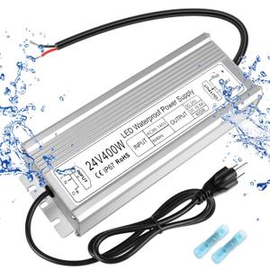 LED Driver 400W 24V Power Supply, IP67 Waterproof Low Voltage Transformer, AC 90-140V to DC 24V 16.6A Converter with 3-Prong Plug 3.3 Feet Cable for Outdoor LED Lights, Industrial, Computer