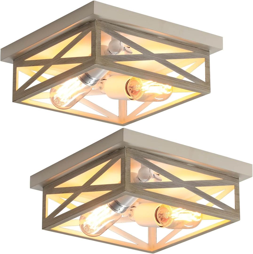 2 Pack White Flush Mount Ceiling Light, Farmhouse Ceiling Light Fixtures, 2-Light Rustic Metal Finish Industrial Kitchen Light Fixture for Bedroom, Hallway Light (2 Pack(9.8 in))