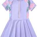 Kids-Girls One-Piece Swimsuit-Skirted UPF 50+ Short-Sleeve Zip-Up Bathing Suit Swim-Dress Toddler Summer Swimwear (120, Purple)