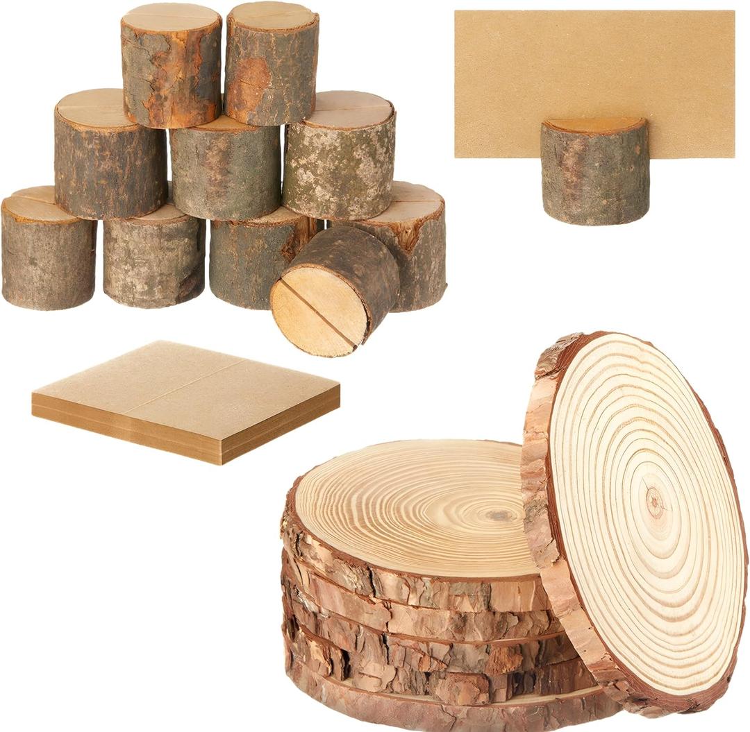 Amyhill 6 Pcs Wood Slices 12 Pcs Wood Place Card Holders & 30pcs Table Place Cards Rustic Wooden Card Photo Picture Note Clip Holders Bulk for Wedding Party Table Number Sign (1.2 x 1.2 Inches)
