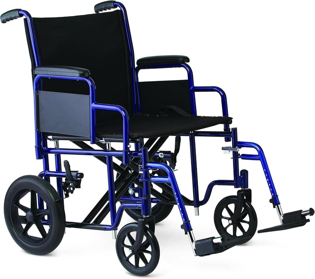 Medline Heavy Duty Transport Chair supports up to 450 lbs., Bariatric Transport Wheelchair, 22" x 18" Seat, Blue Frame