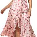 EYWOL Plus Size Wedding Guest Dress for Women, Floral Chiffon Midi Wrap Dress, Flutter Sleeve High Waist Flowy Summer Dresses (Pink)