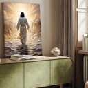 Abstract Jesus Walking on Water Canvas Wall Art Christian Bible Stories Spiritual Wall Decor Pictures Divine Light Modern Religious Poster Prints Artwork for Living Room Bedroom Church Prayer Room (16''Lx12''W)
