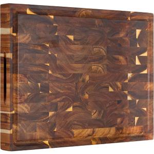 AZRHOM Large Thick End Grain Acacia Wood Butcher Block 17x13x1.5 in Wood Cutting Board for Kitchen with Non-slip Mats Juice Groove & Handles (Gift Box)