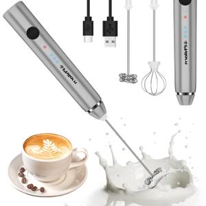 Philorn Milk Frother Wand Handheld Rechargeable Electric Whisk Coffee Drink Mixer, Mini Foamer for Lattes, Cappuccino, Frappe, Matcha, Hot Chocolate, Protein Powder, Keto Diet (Silver 2 Heads)