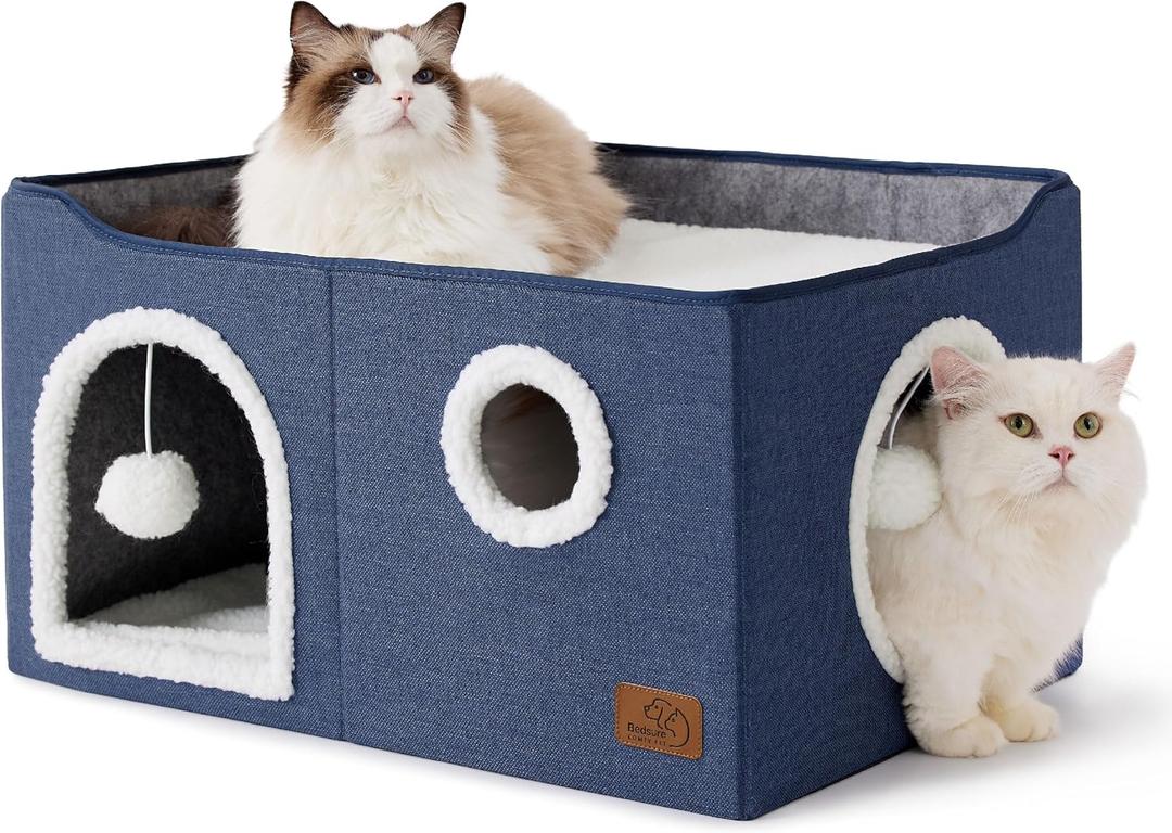 Bedsure Large Cat Beds for Indoor Cats - Extra Wide Cat Cube House for Small Pet with Fluffy Ball Hanging and Scratch Pad, Foldable Pet Cave Hideaway for Multiple Cats, 23.6x16.9x13 Inches, Blue