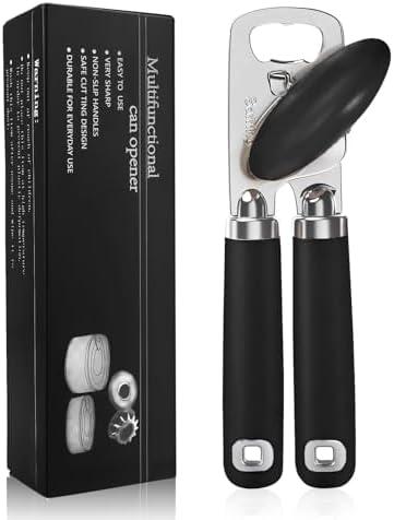 Safring Can Opener Manual, Heavy Duty Stainless Steel Smooth Edge Can Openers With Soft Touch Handle, Oversized Handheld Easy Turn Knob, Multi-Function Bottle Opener, Black, Pack Of 3