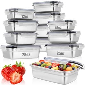 12 Pcs 304 Stainless Steel Food Containers with Lids Square Airtight Bento Lunch Boxes Metal for Snacks Sandwiche Storage Meal Prep Dishwasher Freezer Safe Office Home(12/18/25/28oz)(Black)