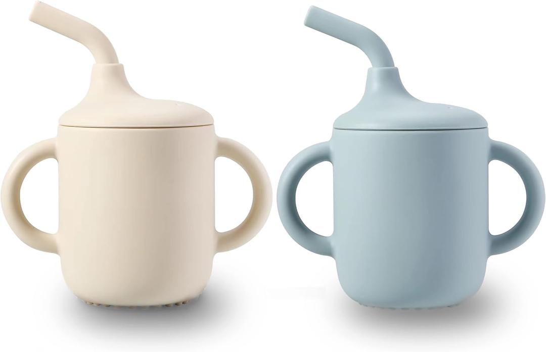 PandaEar 2 Pack 100% Tiny Silicone Drinking Training Cup with Handles & Straw for Baby and Toddler (White Blue)
