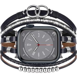 MOFREE Boho Leather Bracelet Compatible with Apple Watch Band 38mm 40mm 41mm Women, Handmade Multilayer Wrap Beaded Jewelry Apple Watch Strap for iWatch Series 10 9 8 7 6 5 4 3 2 1 Black