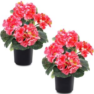 2 Pack Artificial Geranium Fake Flowers for Outdoors Spring Summer Decor, Silk Geraniums Flowers UV Resistant Faux Flower Potted Plants for Gardens Farmhouse Indoor Home Table Decor (Rose Red)