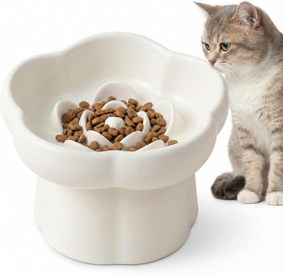 Ceramics Raised Slow Feeder Cat Bowl, Ceramic Elevated and Titled Food Bowl Small Dogs Slow Feeder, Flower Shaped Cute Cat Dish for Dry and Wet Food (Beige, 5.7")