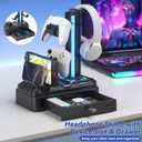 KDD Headphone Stand with USB A&C Charger Ports - RGB Controller Stand with Detachable Hooks - Rotatable Headset Hanger & Device Slot for Phones/Tablets - Drawer Storage Base for Gaming Desk Organizer