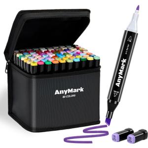 AnyMark Alcohol Markers, 80 Colors Dual Tip Art Coloring Markers Set for Kids Adult Book Drawing Sketching Painting, Chisel & Fine, Black Penholder