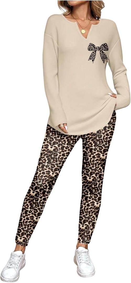 SOLY HUX Women's 2 Piece Outfits Long Sleeve Bow Print T Shirt Tops and Leopard Leggings Pants Set Fall Clothes, L