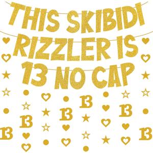 Skibidi Rizzler Birthday Banner Decorations - This Skibidi Rizzler Is 13 No Cap Gold Glitter Banner, Pre-Strung Stars Hearts Garland Ideas Funny Zoomer Gen Z Slang 13th Birthday Party Supplies