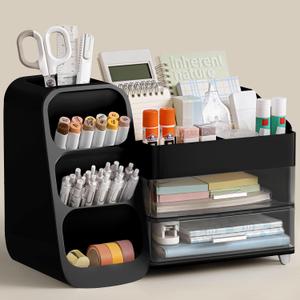 HBlife Desk Organizer with Pen Pencil Holder for Desk, Pen Organizer with 2 Drawers, Desk Organizers and Accessories with 4 Compartments, Desktop Storage for Office Home School Art Supplies, Black