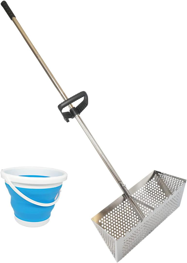 Sand Fleas Rake, Stainless Steel Sand Sifter, Detachable 47 Inches Long Handle, Collapsible Shark Tooth Sifter for Beach, Sand Crab Catcher with Foldable Pail.