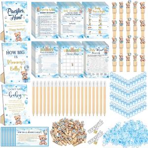 Sherr 476 Pcs Bear Baby Shower Games 6 Sets Activities Cards Pacifier Hunt Game 50 Pacifiers How Big is Mommy's Belly Sign 50 Guessing Cards 2 Measuring Tape Don't Say Baby Sign 50 Clothespin (Blue)