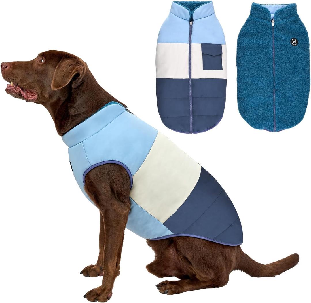 Reversible Dog Winter Coat, Waterproof Warm Fleece Sweater Windproof Lightweight Pet Snow Jacket for Medium Large Dogs with Double Ended Zipper, Cold Weather Dog Coat, Blue, L, Neck 1818.9", Chest 29.930.7"
