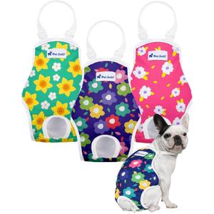 Pet Soft Dog Diapers Female Onesie Sanitary Pantie with Adjustable Suspender, Colorful Pattern Washable Puppy Diapers Female, Super Absorbent Underwear Dog Diaper for Heat (Floral, M, Pack of 3)