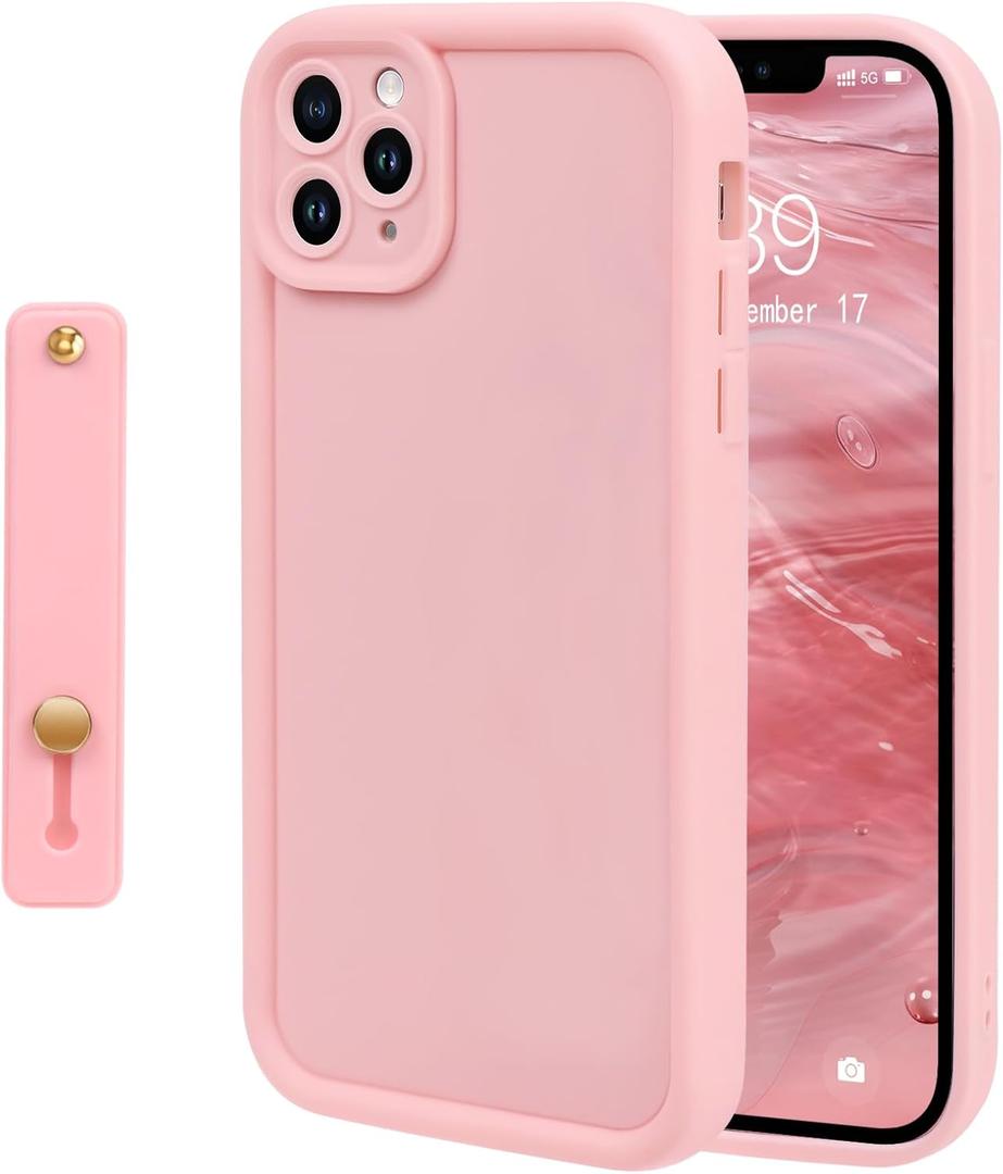 NITITOP Compatible with iPhone 11 Pro Case Cute Simple Design Stylish Enhanced Camera Protection with Wrist Adjustable Hand Strap Kickstand Grip Holder Touch Soft Protective Cover - Pink