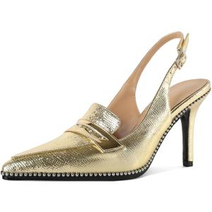 SAMMITOP Women's Sling back High Heel Pumps 3.5" Stiletto Pointed Toe Beaded Pumps Slip On Loafers Heels Elegant Dress Shoes (9, Gold)