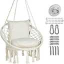 JoyView Macrame Chair Hanging Swing Chair Max 330 Lbs Hammock Chair with 2 Cushions and Hardware Kits Cotton Rope Chair for Indoor Outdoor Bedroom Patio Garden - Beige