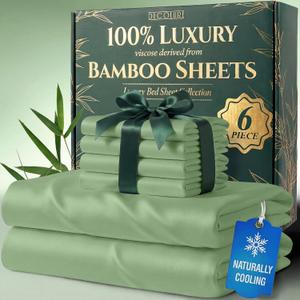 DECOLURE 100% Viscose Derived from Bamboo Sheets King Size - Luxury 6 Pc Naturally Cooling Sheets, Ultra Soft Bed Set - Deep 17" Pockets, Durable Double Stitching, Oeko Tex Standard (Sage Green)