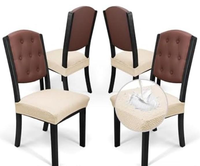 Zooody Waterproof Seat Covers for Chairs Stretch Dining Room Chair Seat Covers Set of 4 Washable Seat Covers for Kitchen Chairs Dining Chair Seat Protector Slipcover (Rear-Covered 4 PCS Beige)