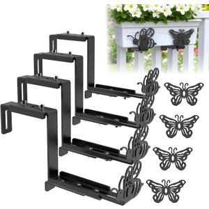 Planter Box Bracket,4 Pcs Adjustable Window Box Brackets with Bee & Butterfly Shape for Deck Railing,Heavy Duty Flower Box Stand Bracket for Balconies, Fences, and Gardens